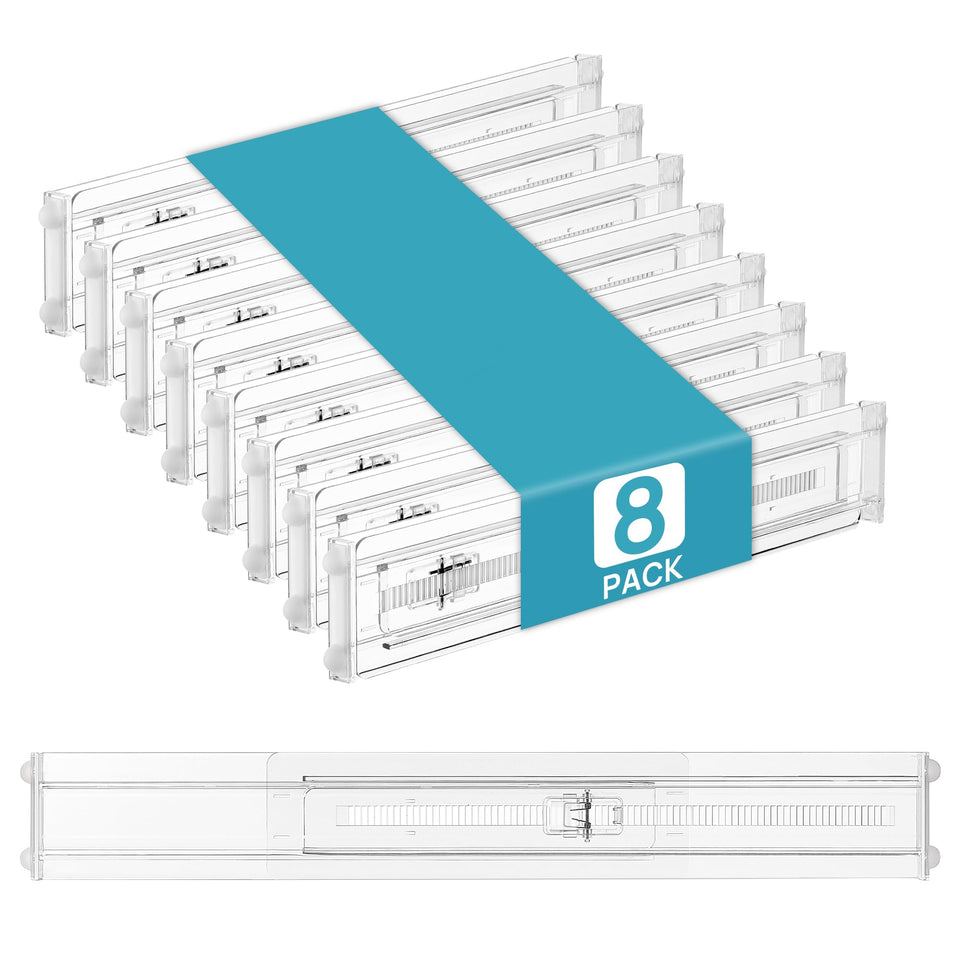 Vtopmart 8-pack shallow drawer dividers in clear plastic for organized utensils.