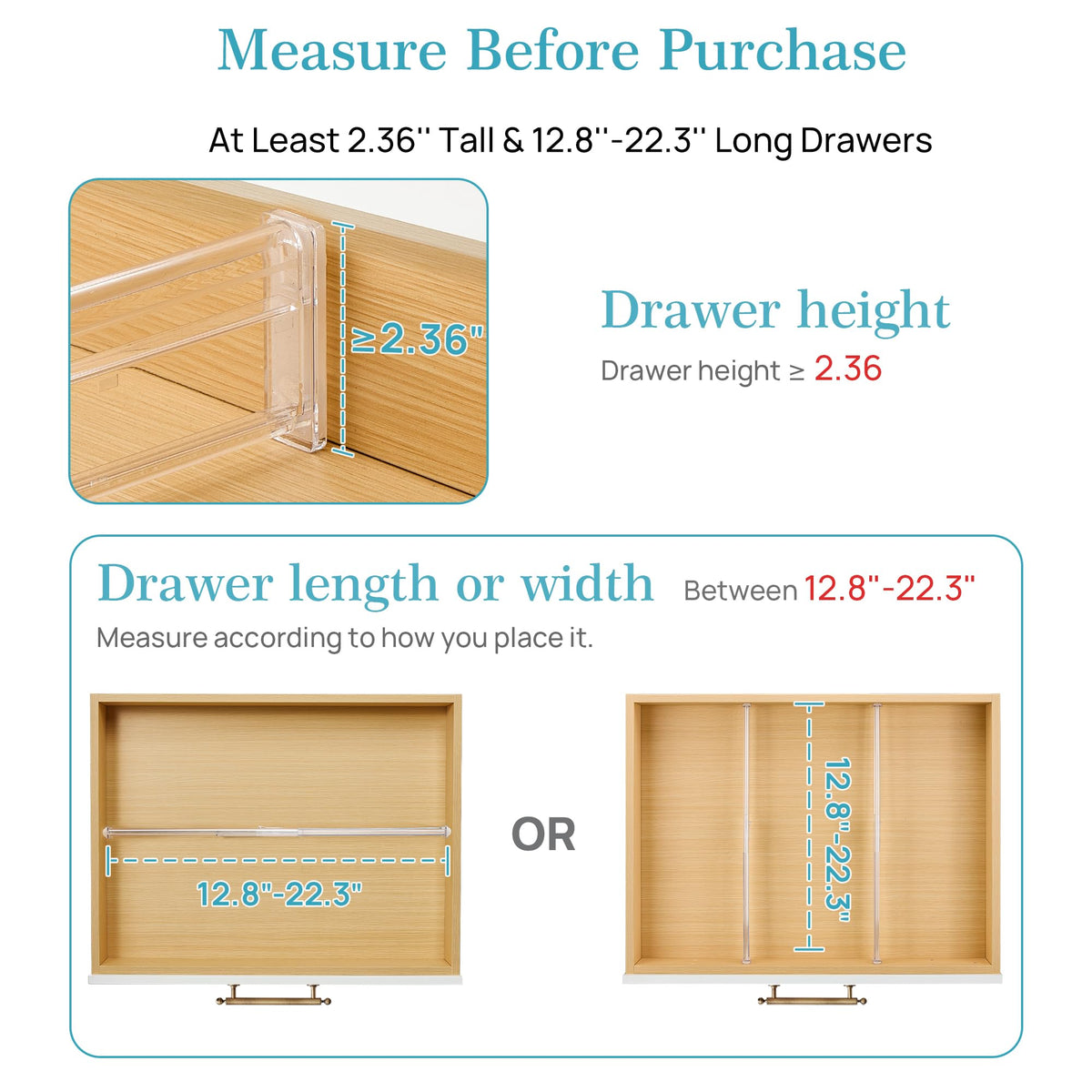 Vtopmart adjustable-length measure demonstrates drawer fit from 12.8" to 22.3".