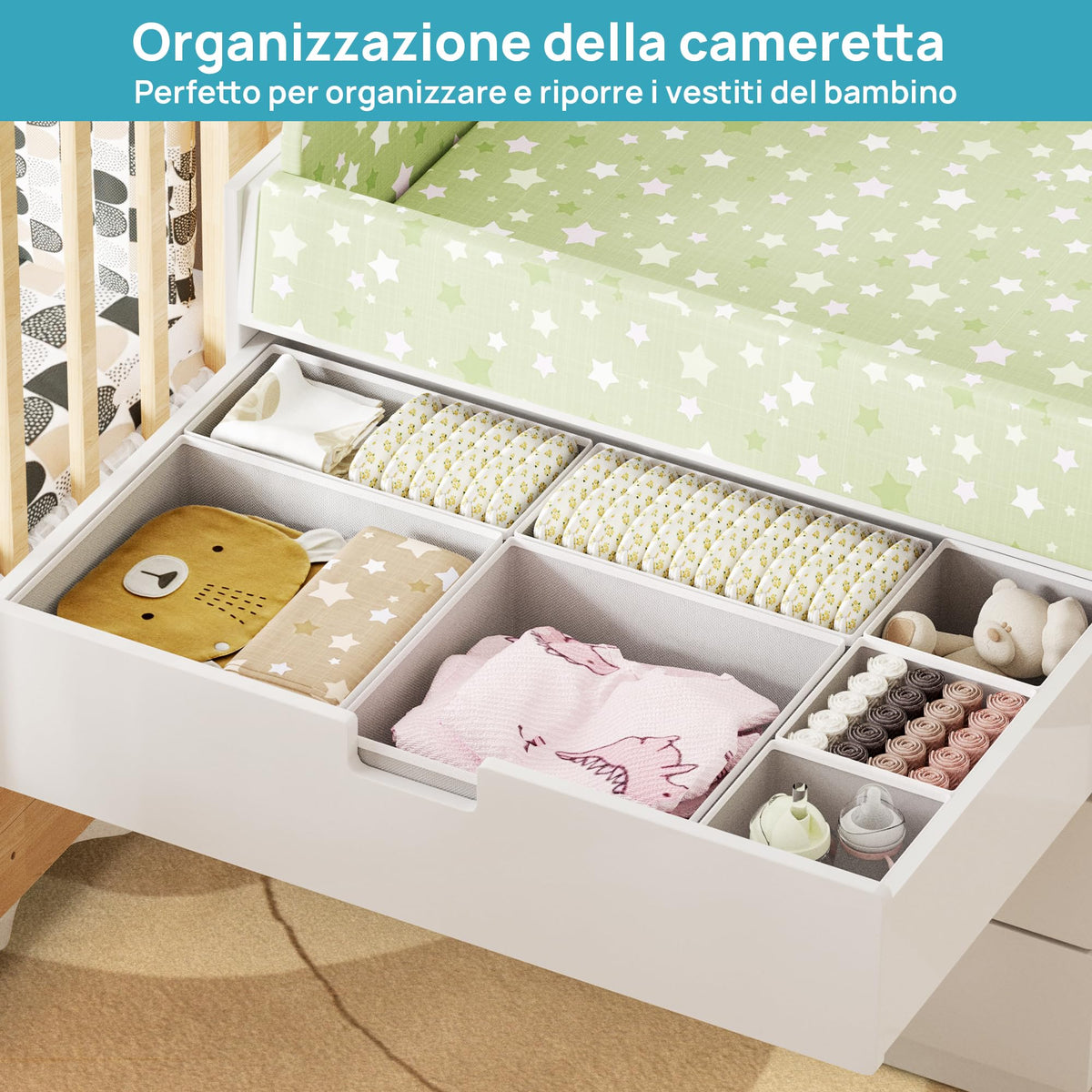 Vtopmart rectangle-bin for bibs and small accessories, easy to reach.