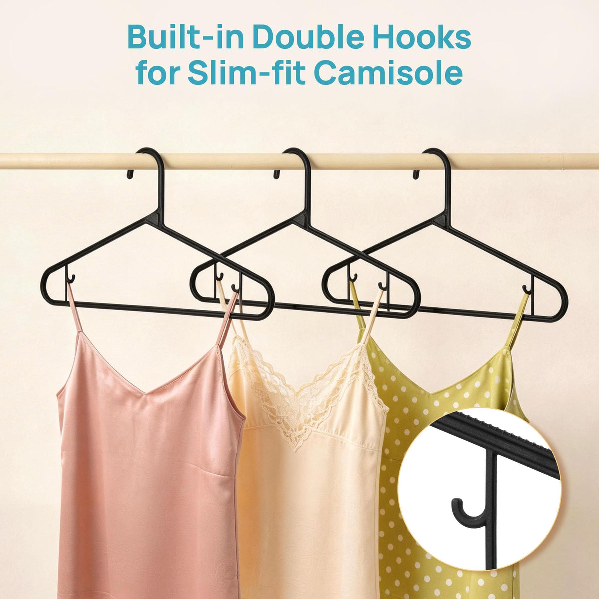 Vtopmart built-in shoulder hooks securely hold strappy dresses and camisoles.