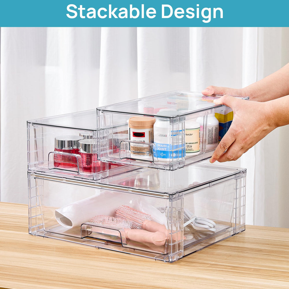 Removable divider in the smaller drawer helps separate cosmetics and medicines.