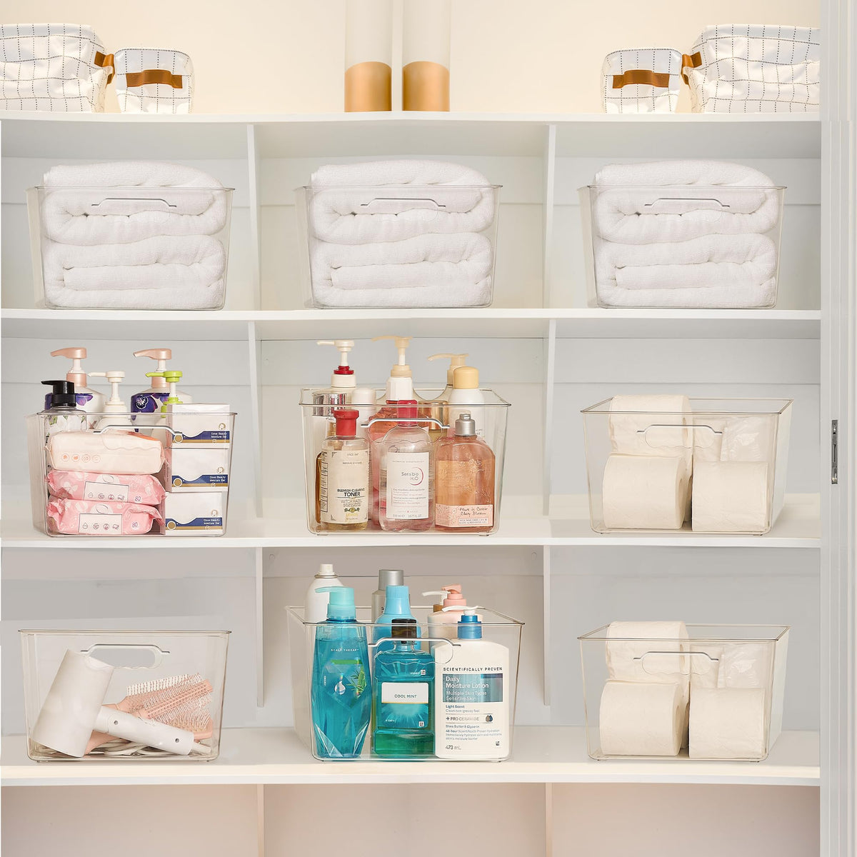 Vtopmart closet organizer bin improves shelf order and makes items easy to reach.