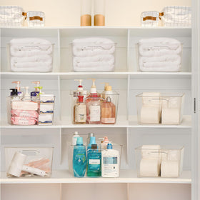 Vtopmart closet organizer bin improves shelf order and makes items easy to reach.