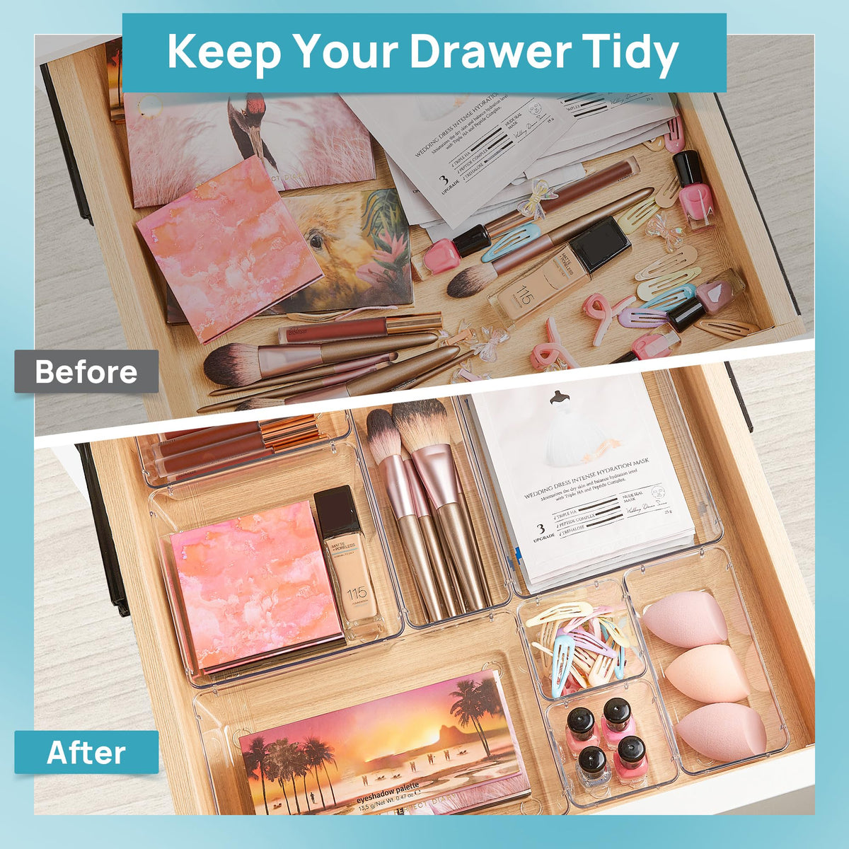 Vtopmart four-size set enables custom drawer layouts for cosmetics and office supplies.