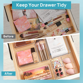 Vtopmart four-size set enables custom drawer layouts for cosmetics and office supplies.