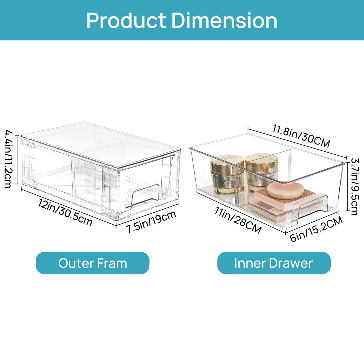 Vtopmart drawer organizers shown inside the fridge for compact food storage.