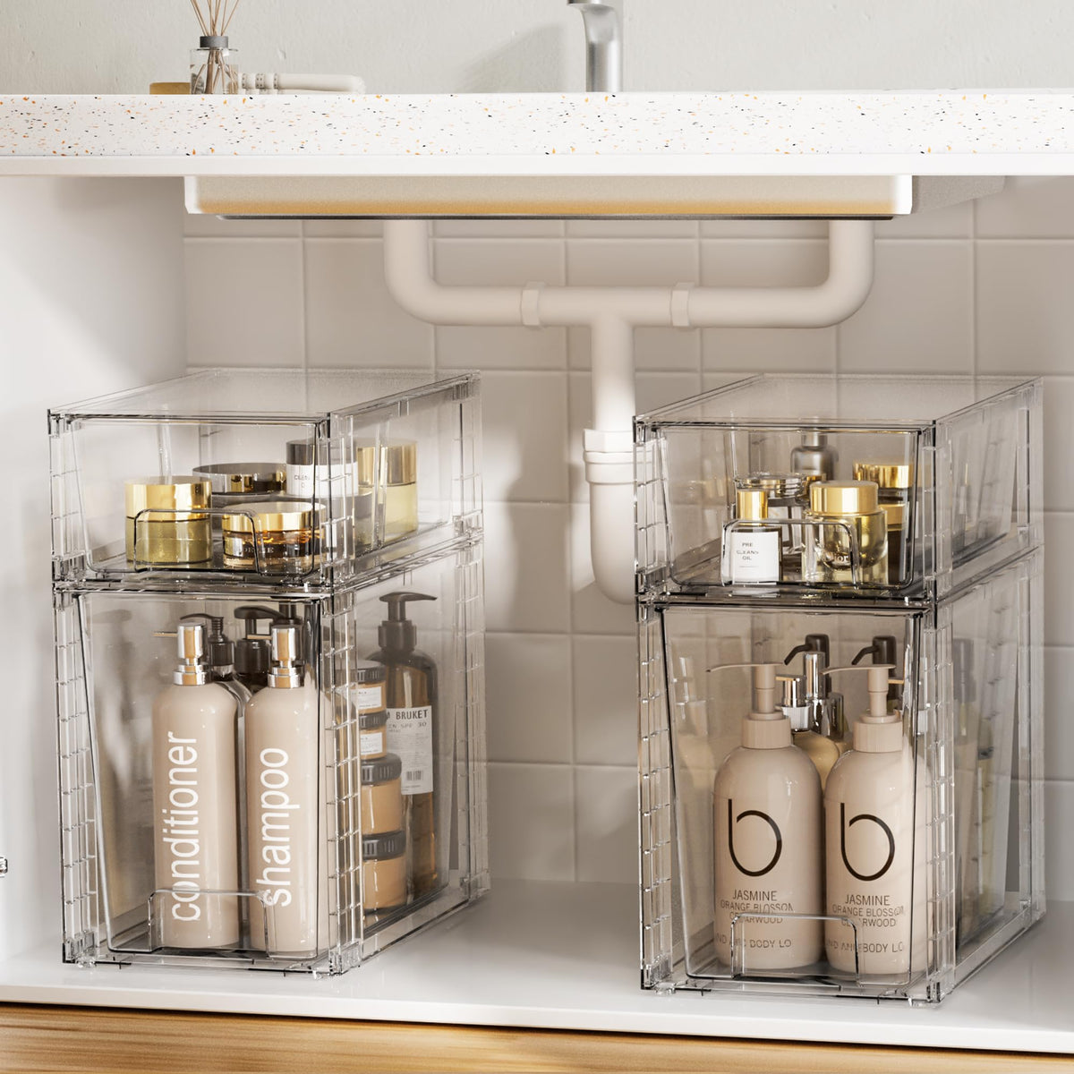 Vtopmart kitchen countertop organization with clear stackable drawers.
