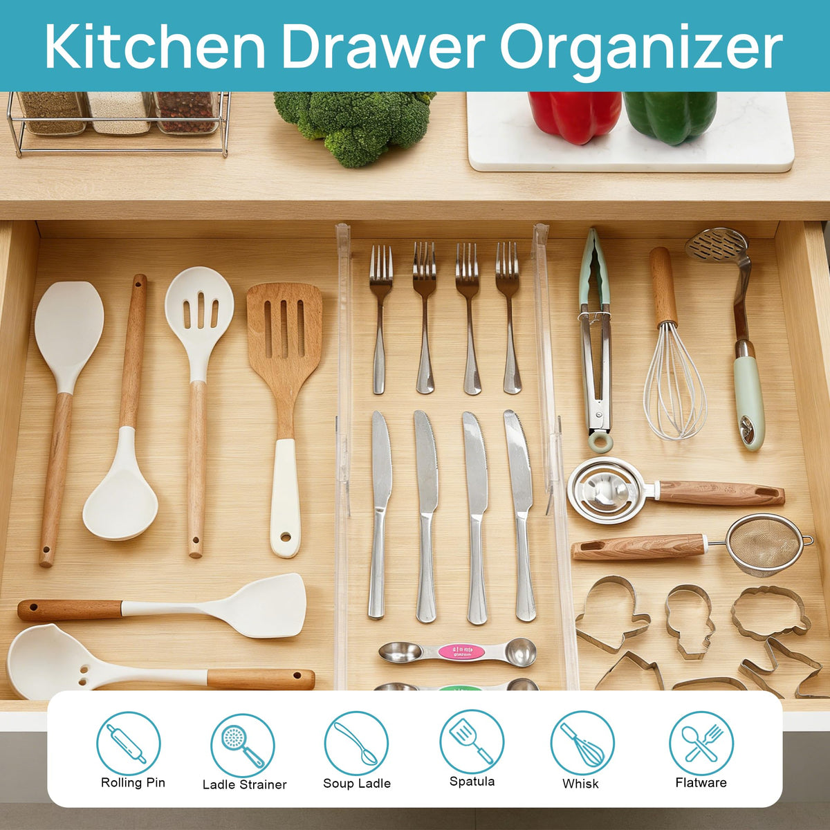 Vtopmart drawer dividers with silicone buffers protecting surfaces.