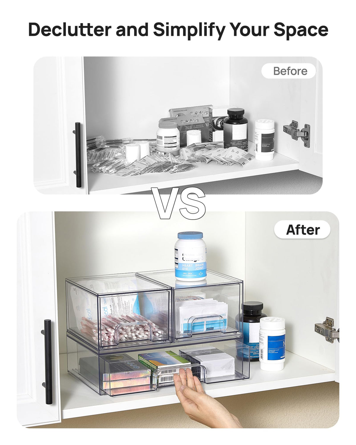 Non-slip pads stabilize the outer bin while pulling drawers.