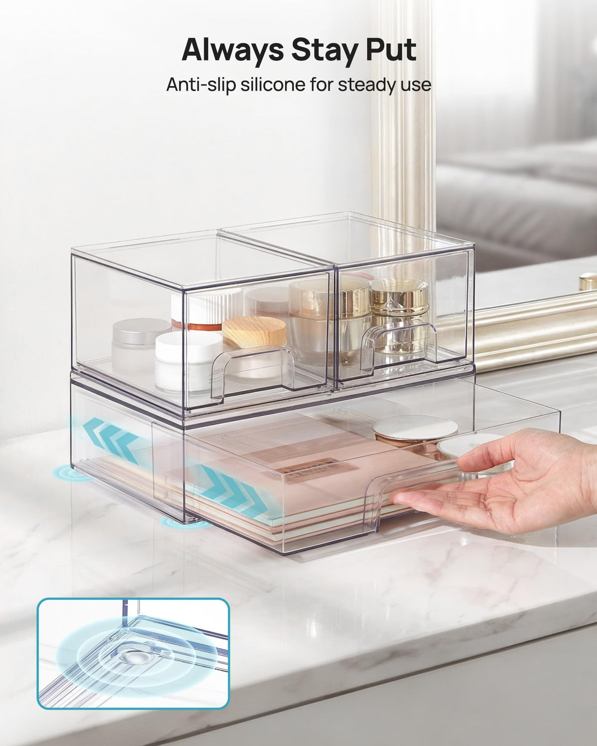 Durable BPA-free plastic fits modern decor.