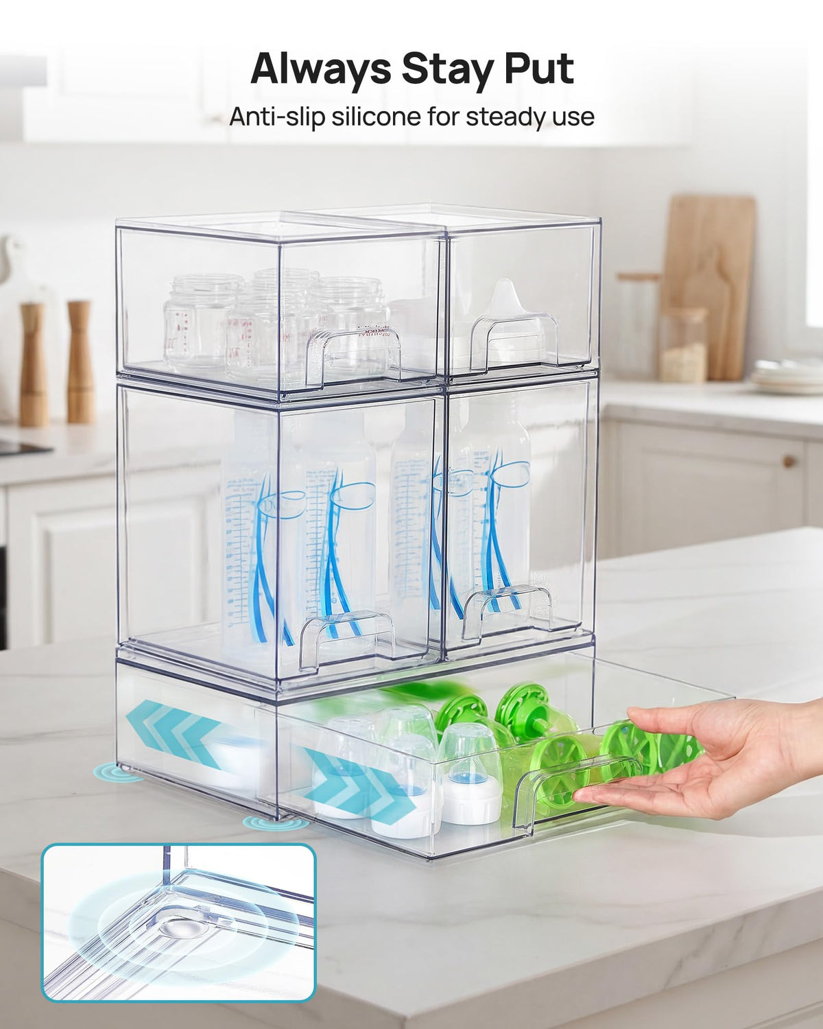 Vtopmart stackable drawers maximize countertop space in pantry and cabinets.