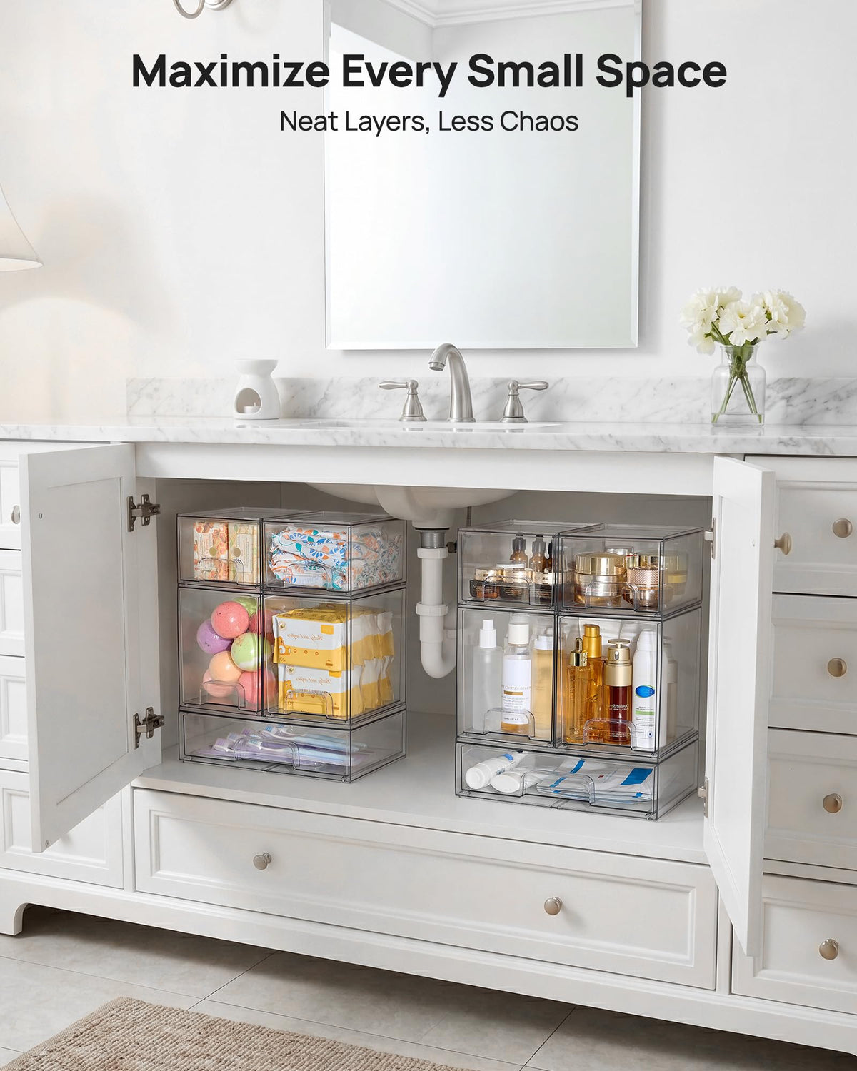 Vtopmart stackable drawers suit bathroom, kitchen, and vanity storage needs.