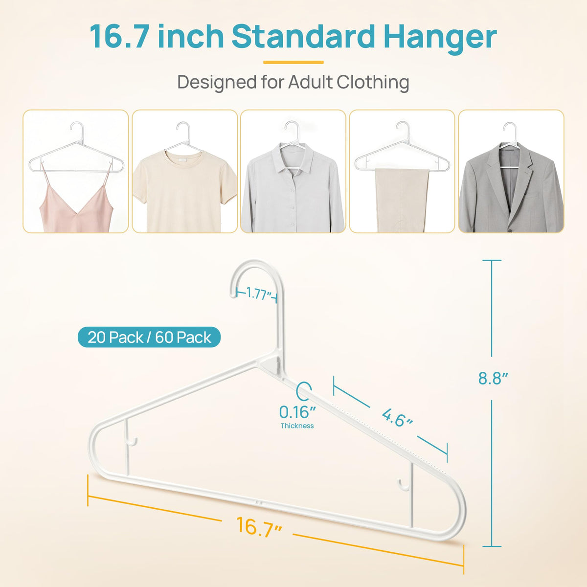 Vtopmart StackFit hangers 16.7 inches maintain garment shape and reduce shoulder bumps.