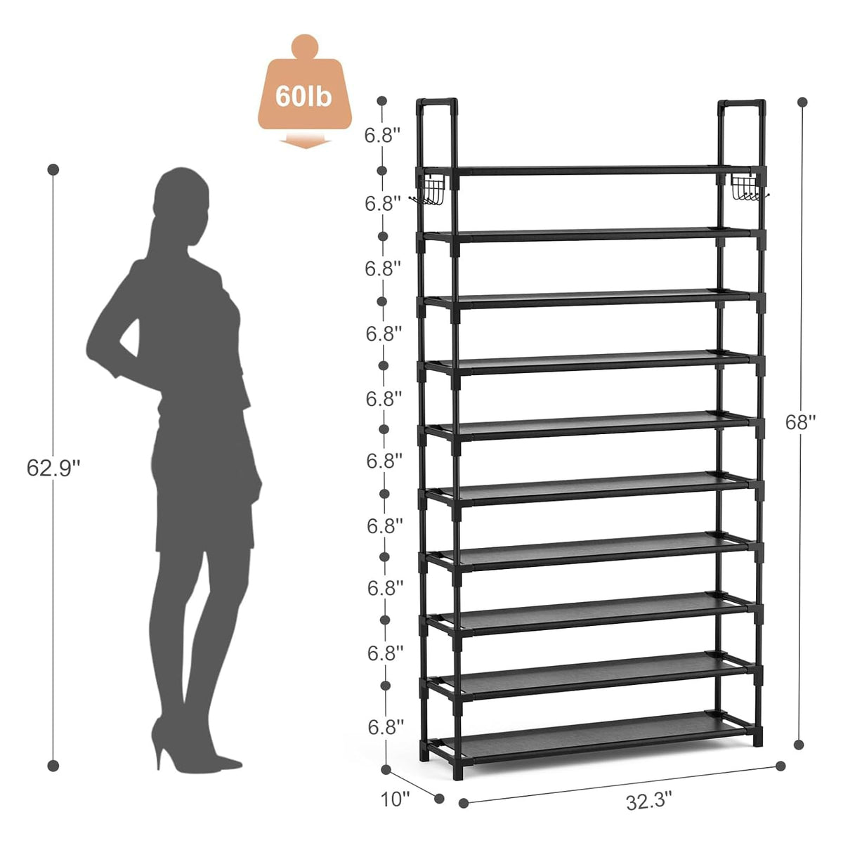 VTRIN 10-tier shoe rack top handrails highlight anti-fall rails for safety