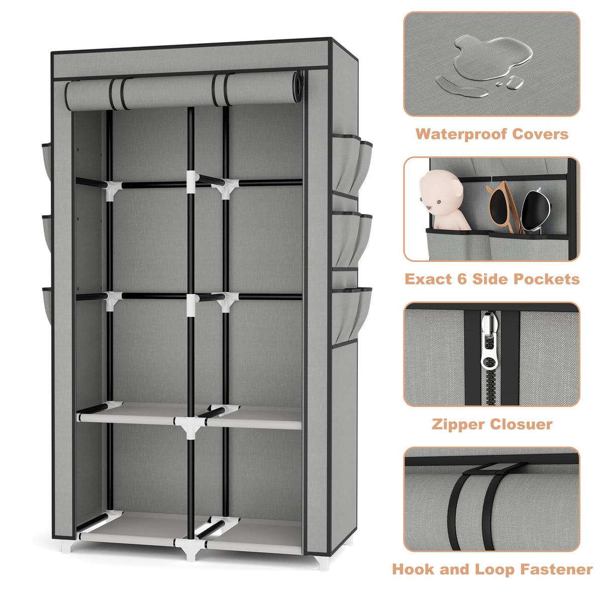 VTRIN portable closet wardrobe side pockets keep small items within easy reach.