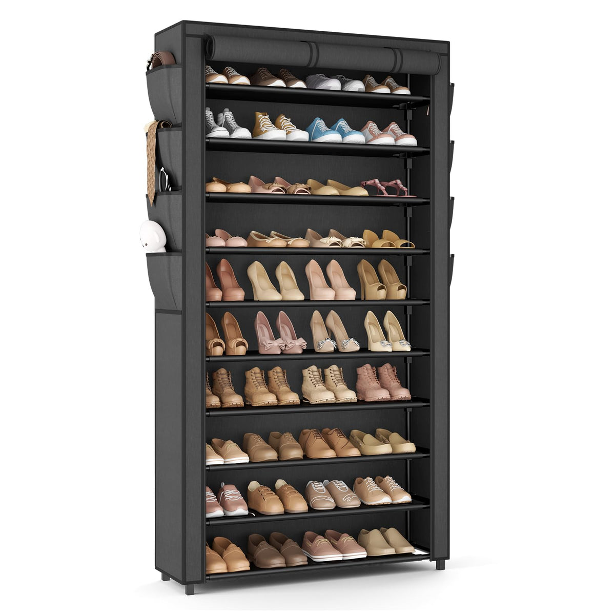 VTRIN tall shoe rack with cover front view protects shoes from dust