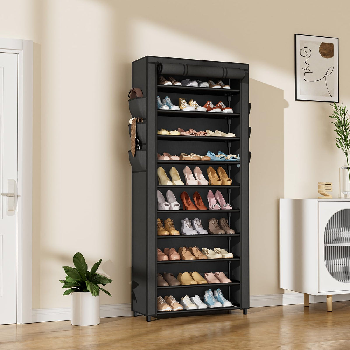 VTRIN vertical narrow shoe rack side view highlighting its space-saving profile.