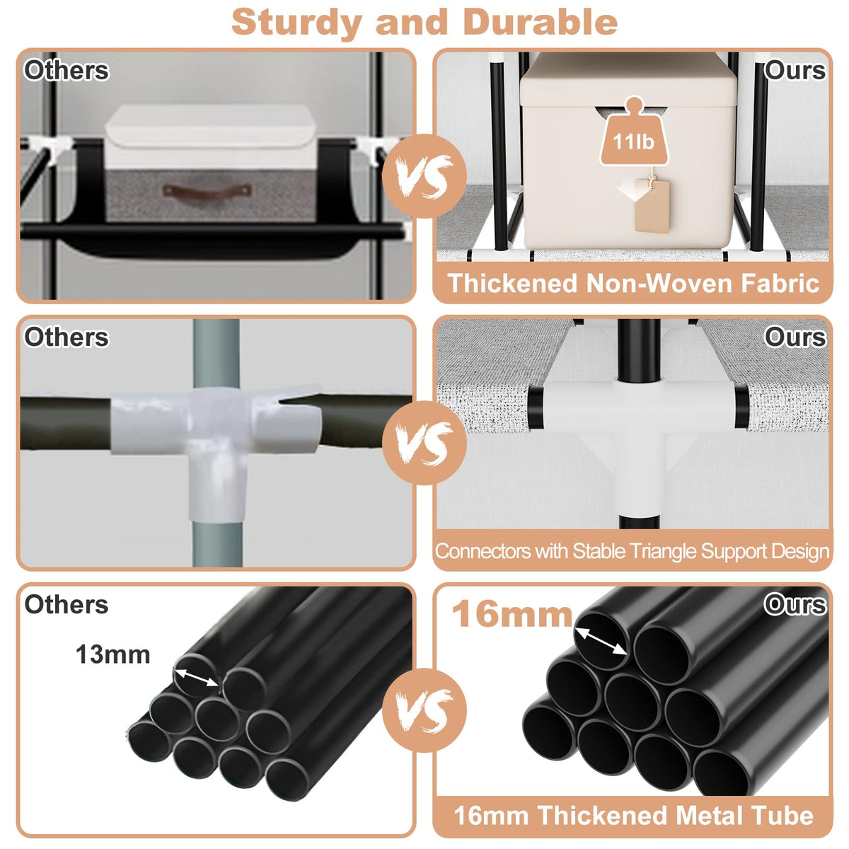 VTRIN sturdy metal frame supports heavy wardrobe use.