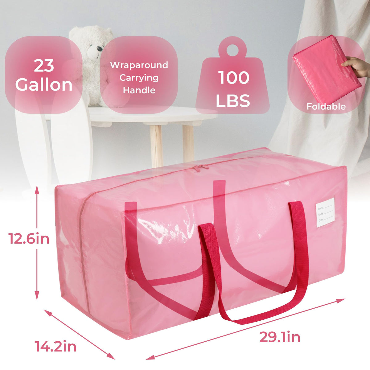 VTSVTS pink moving bags with label pocket for quick item identification.