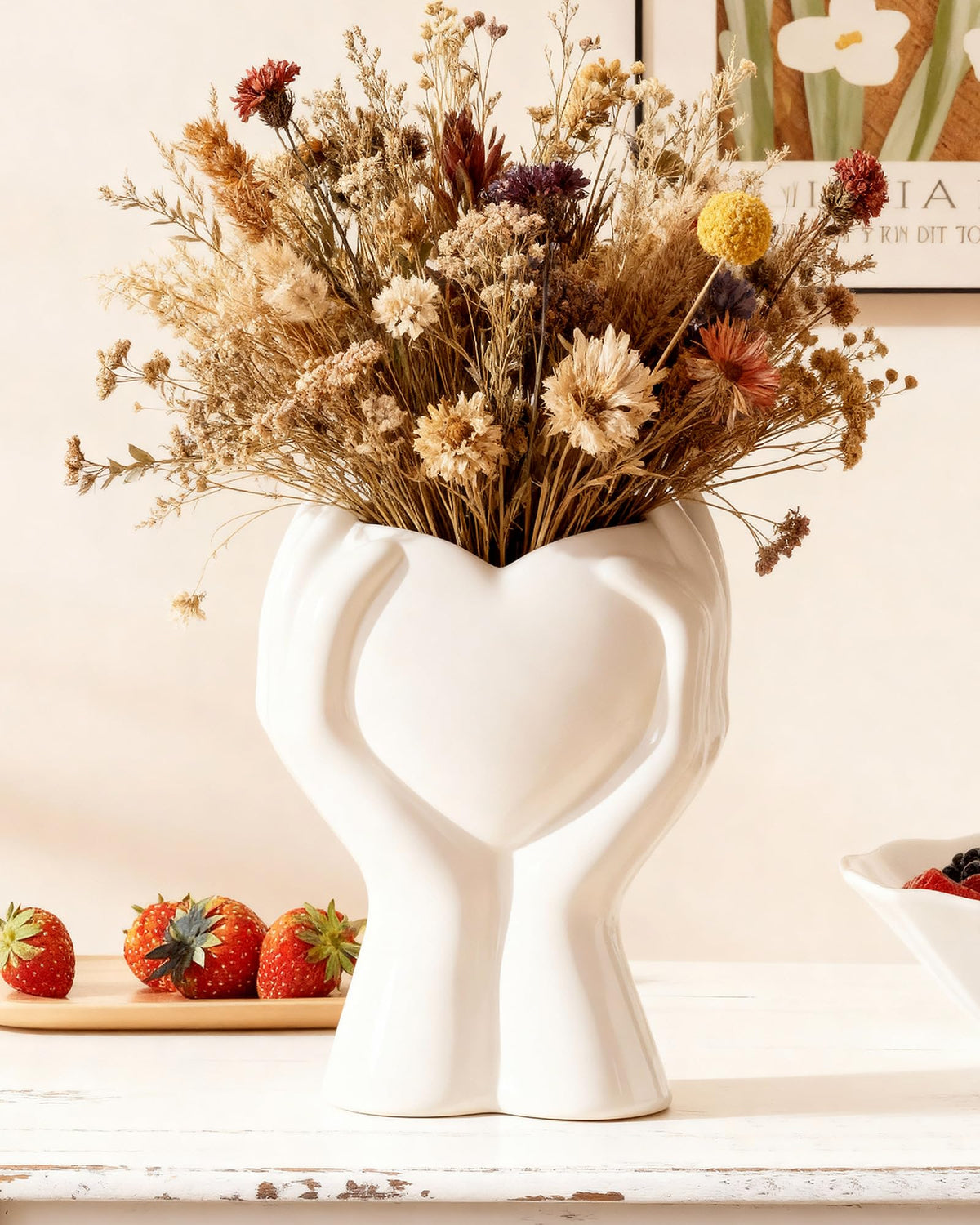 VUZDVJO Heart Held in Two Hands vase, front view, a graceful focal point for chic tables.