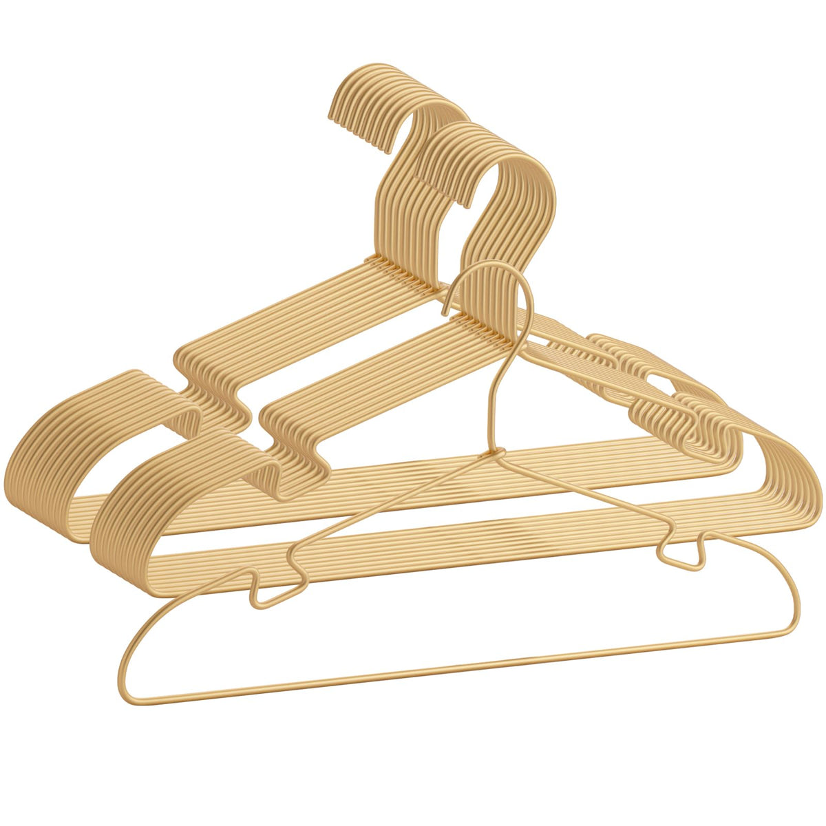 VWV 20-pack gold aluminum hangers for organized closets and smooth fabric handling.