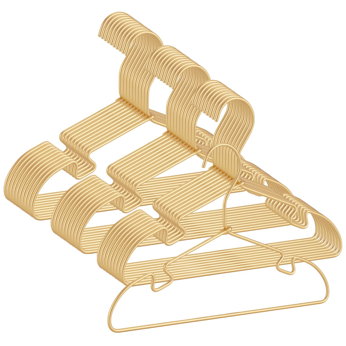 VWV gold baby hangers, front view, shows compact 12.6-inch profile for space-saving storage.