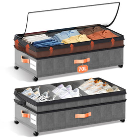 VXEAPADE under-bed storage bins with wheels for easy mobility and 70L capacity.