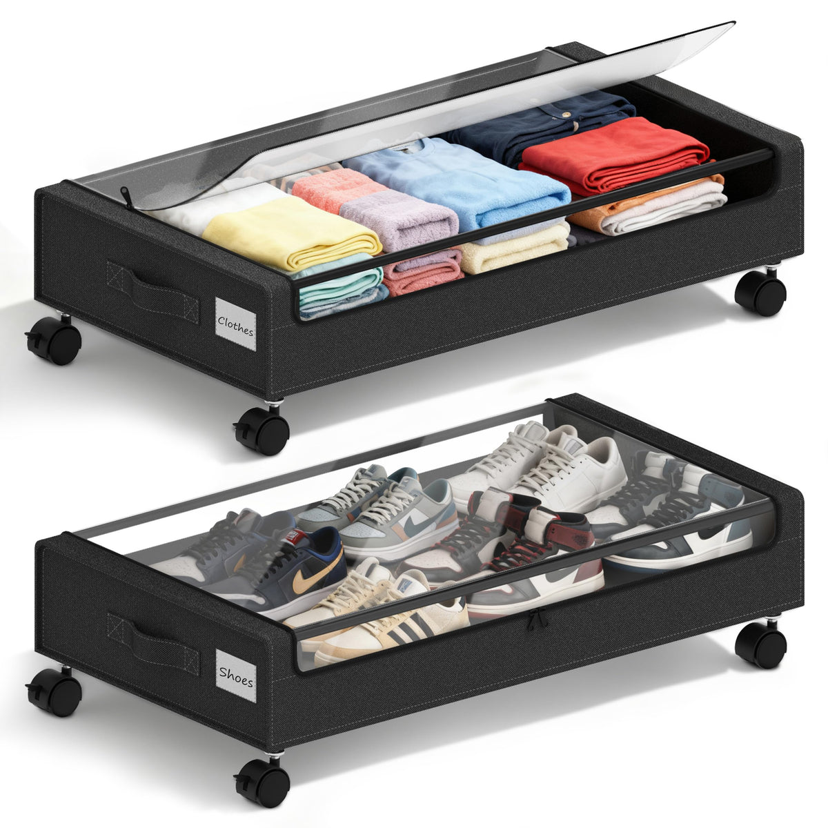 VXEAPADE under-bed storage with wheels shows two-pack setup for space saving.