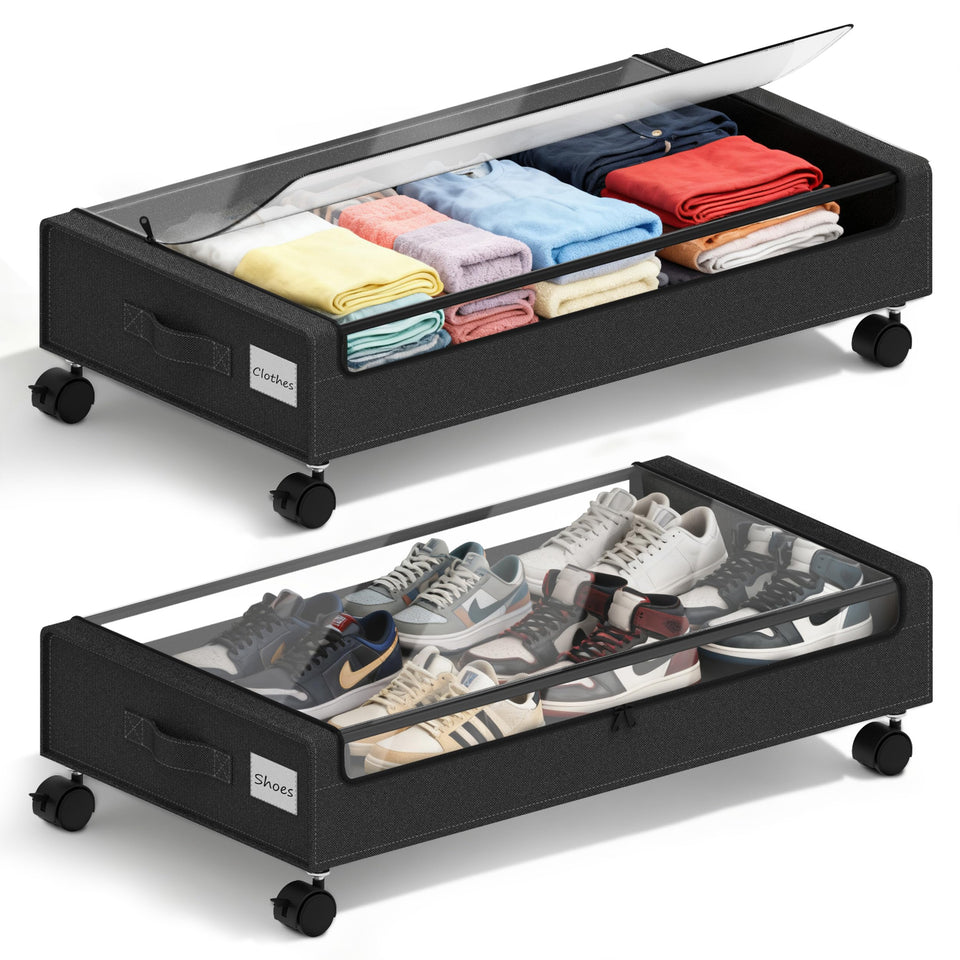 VXEAPADE under-bed storage with wheels shows two-pack setup for space saving.