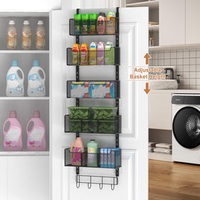 Five adjustable baskets offer flexible storage for pantry and closet items.