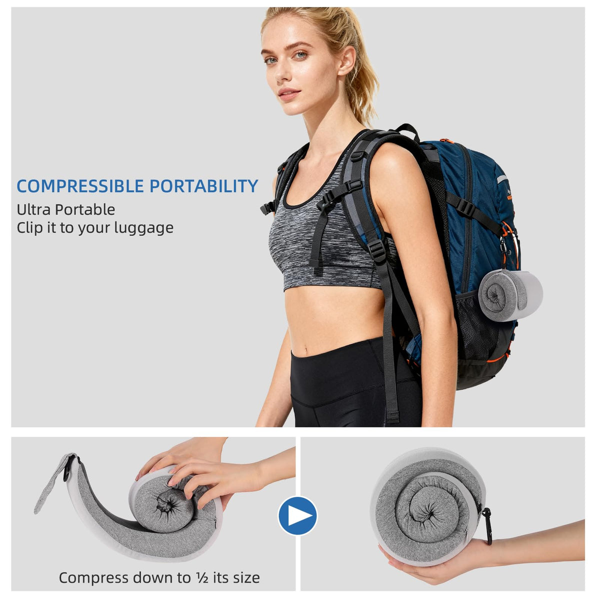 Vzpeun compact pillow rolled fifty-percent for easy packing and carrying.