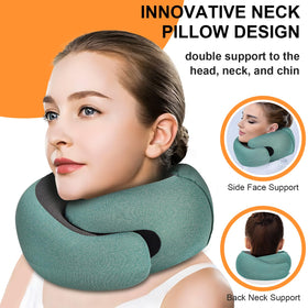 Vzpeun hooded neck pillow for plane use with privacy hood and light blocking.