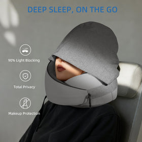 Vzpeun memory-foam-core pillow demonstrating adaptive neck support for travel.