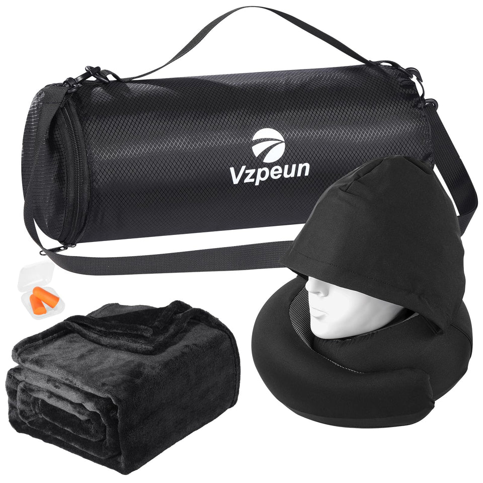 Vzpeun hooded travel pillow provides neck support for long flights.