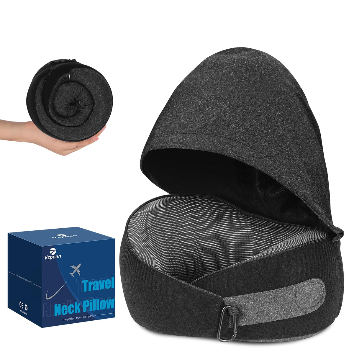 Vzpeun hooded travel pillow close-up showing privacy and comfort on flights.
