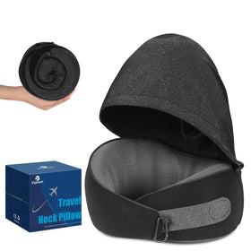Vzpeun hooded travel pillow close-up showing privacy and comfort on flights.