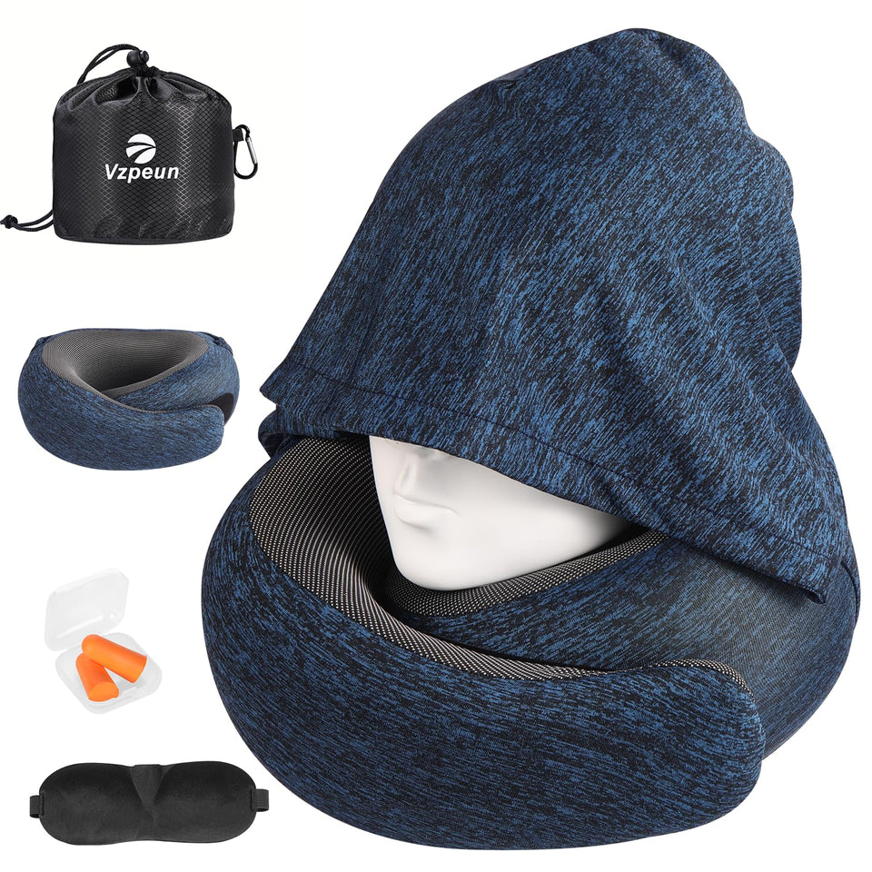 Vzpeun travel pillow with hooded closure for personalized neck support on flights.