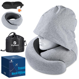 Vzpeun travel pillow hooded design closeup for light control on flights.