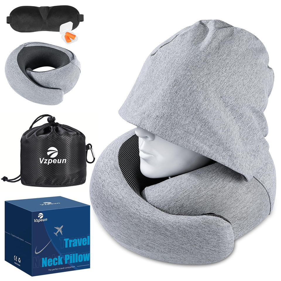 Vzpeun travel pillow hooded design closeup for light control on flights.