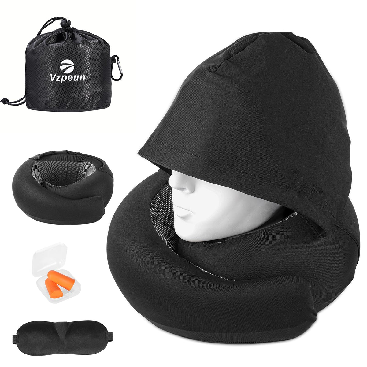Vzpeun hooded travel pillow design for blocking light during flights