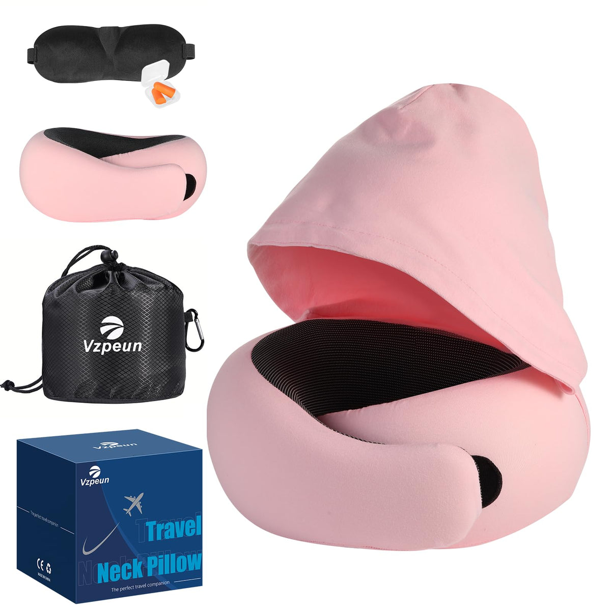 Vzpeun travel pillow hooded design blocks light for focused rest.