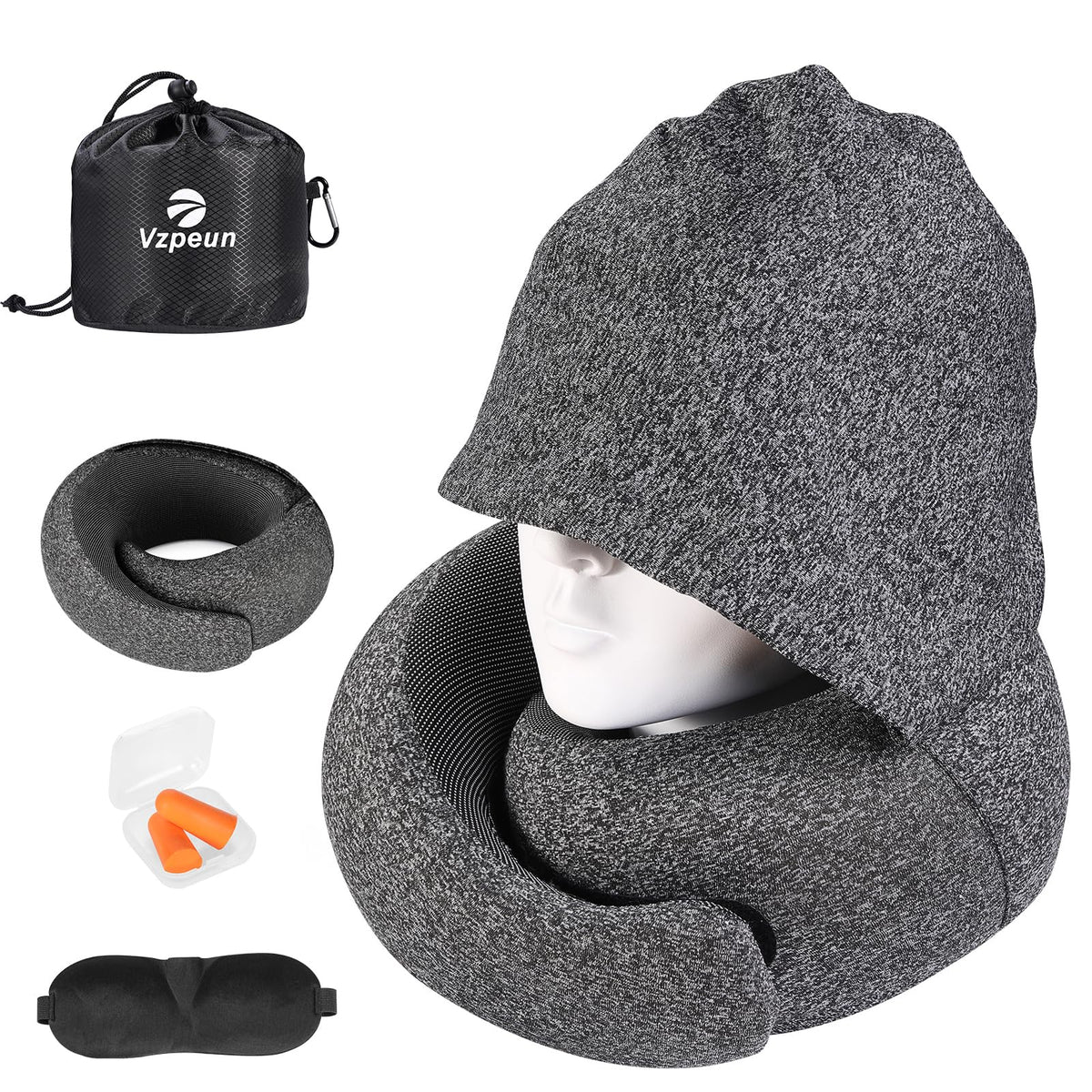 Vzpeun hooded travel pillow with front view showing 360° neck support for travel.