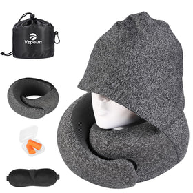 Vzpeun hooded travel pillow with front view showing 360° neck support for travel.