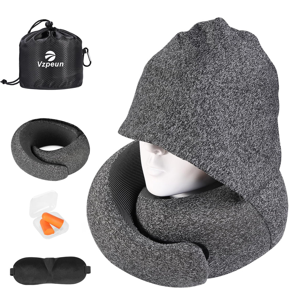 Vzpeun hooded travel pillow with front view showing 360° neck support for travel.