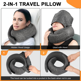 Vzpeun hooded travel pillow with hood open to show privacy option.