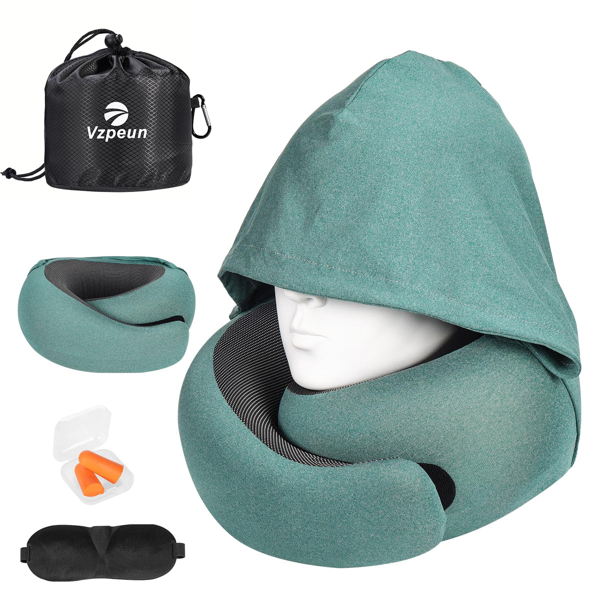 Vzpeun travel pillow with hooded memory foam provides 360-degree neck support.