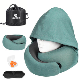 Vzpeun travel pillow with hooded memory foam provides 360-degree neck support.