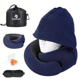 Vzpeun travel pillow with hooded neck support for secure alignment during flights.