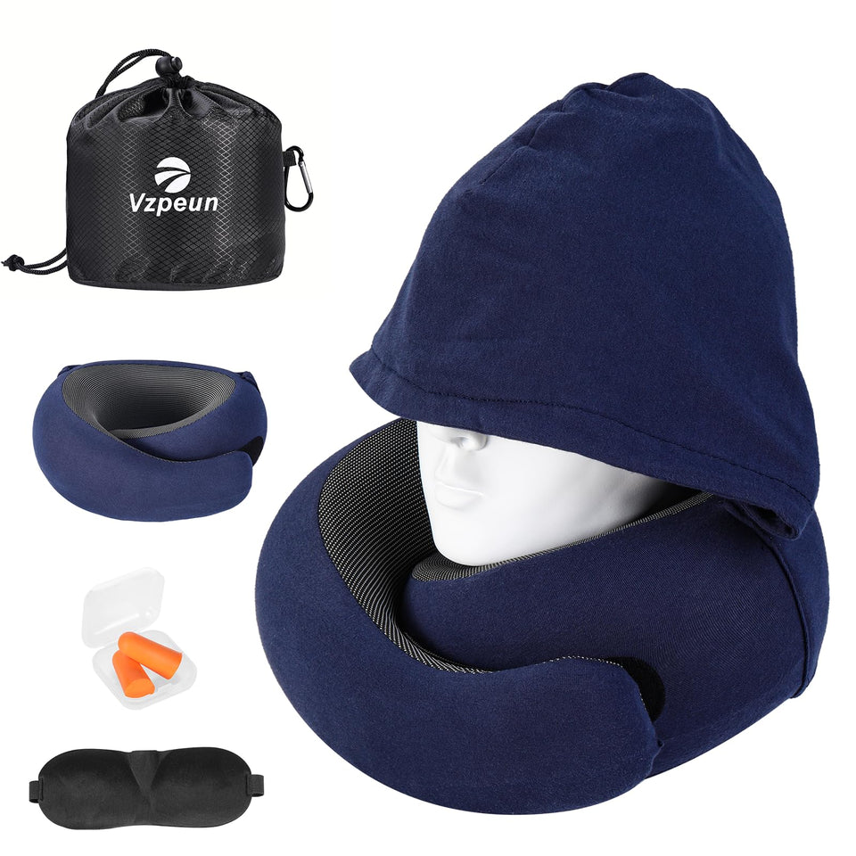 Vzpeun travel pillow with hooded neck support for secure alignment during flights.