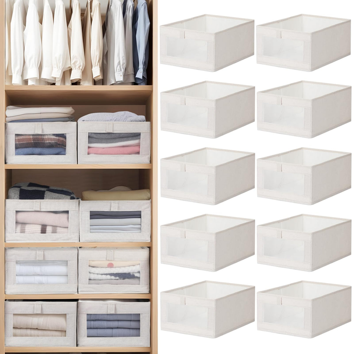 VZZNN 10-pack linen closet organizer with clear window for quick item visibility